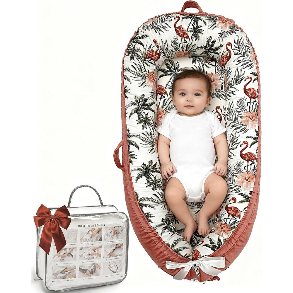 Bubbyhuts Red Flamingo baby lounger front view for newborns