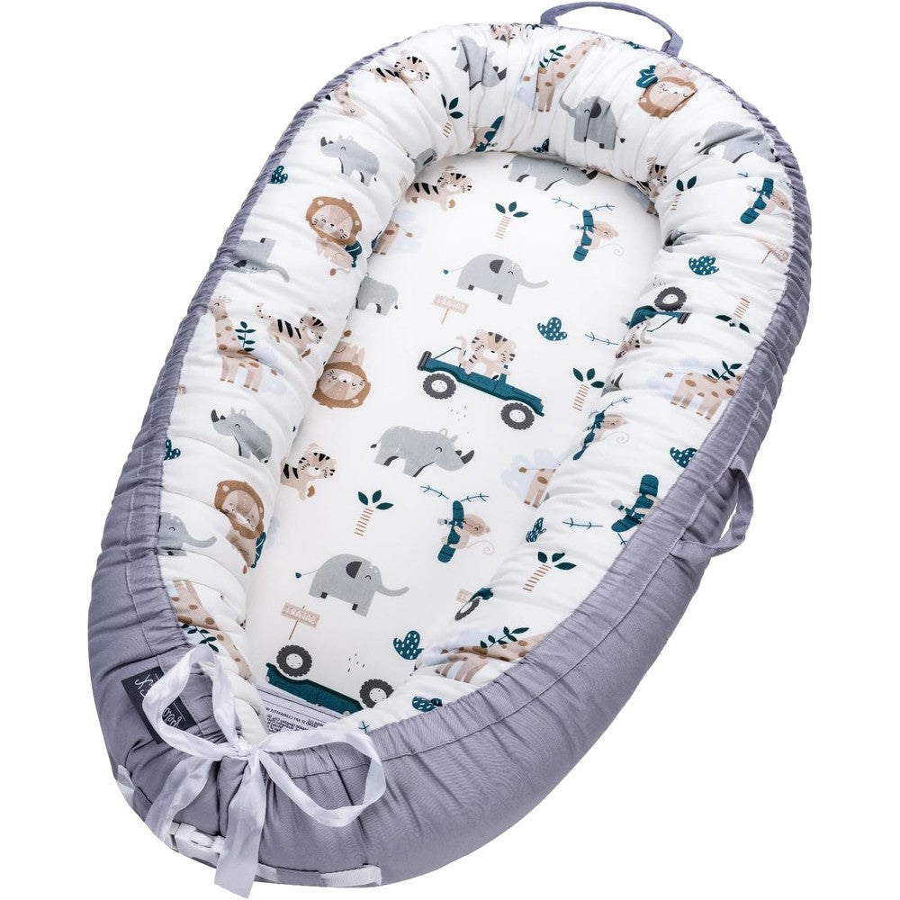 XZV organic cotton infant lounger animal print front view