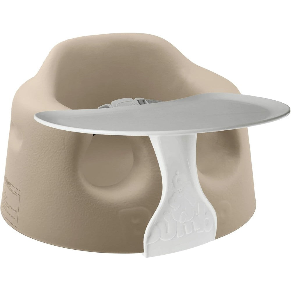 Bumbo baby floor seat front view in taupe color with tray