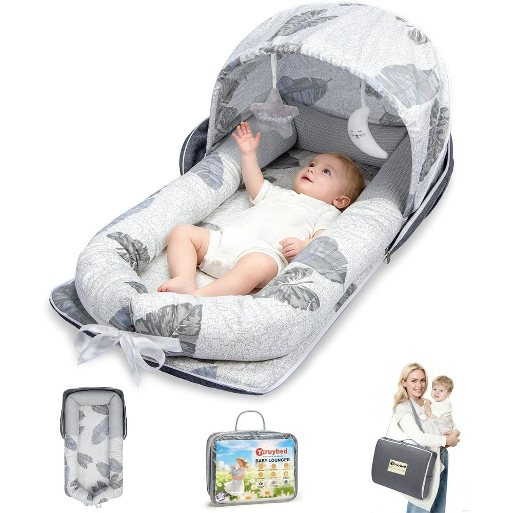 Tcruybed portable baby lounger with canopy front view