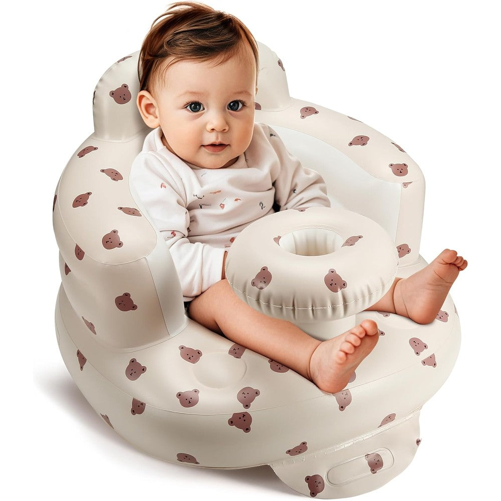 Jikasho Ekepe inflatable baby seat front view with bear pattern and tray