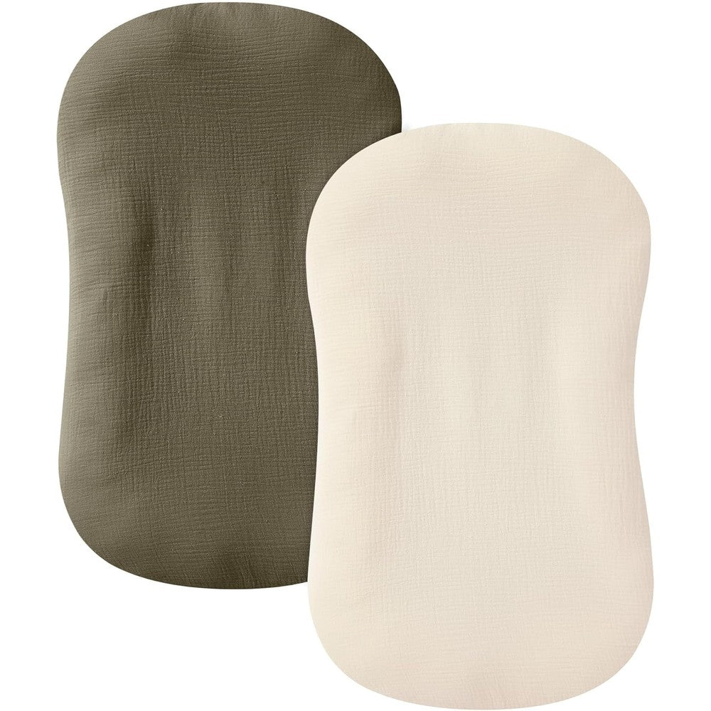 Guruixu muslin baby lounger cover 2 pack front view in dark olive and cream