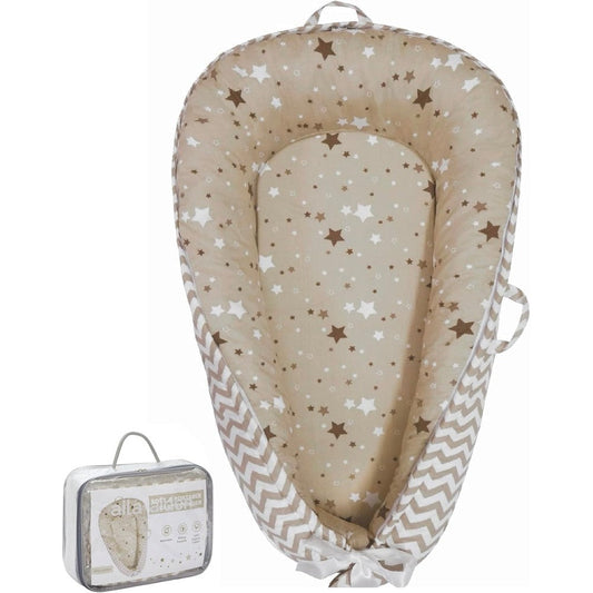 Aila+Aiden organic cotton baby lounger tan star pattern