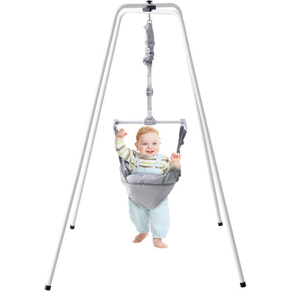 Vevor baby jumper with stand front view showing grey fabric seat