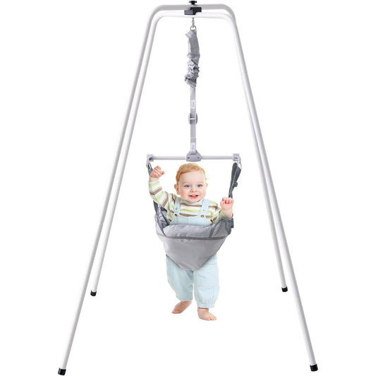 Vevor baby jumper with stand front view showing grey fabric seat