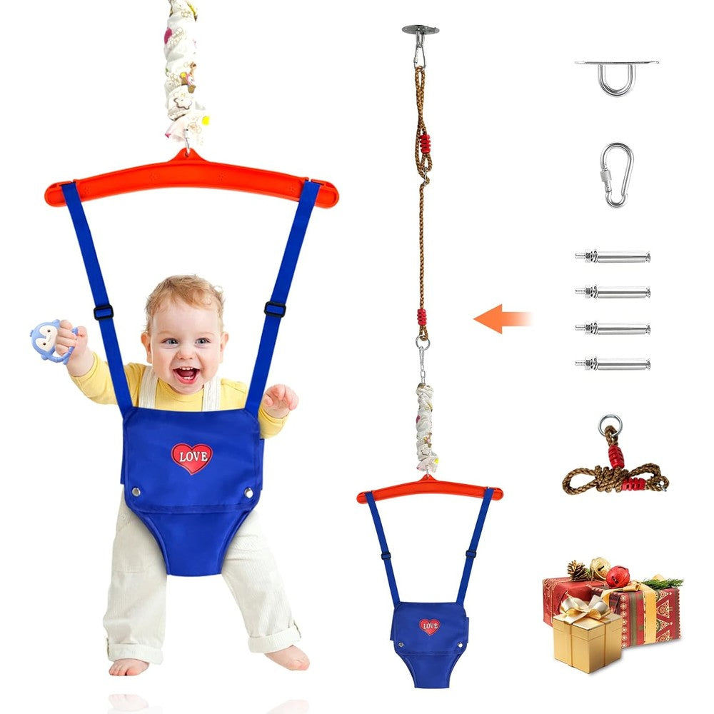 Funlio baby jumper front view showing blue cotton seat harness and adjustable steel chain