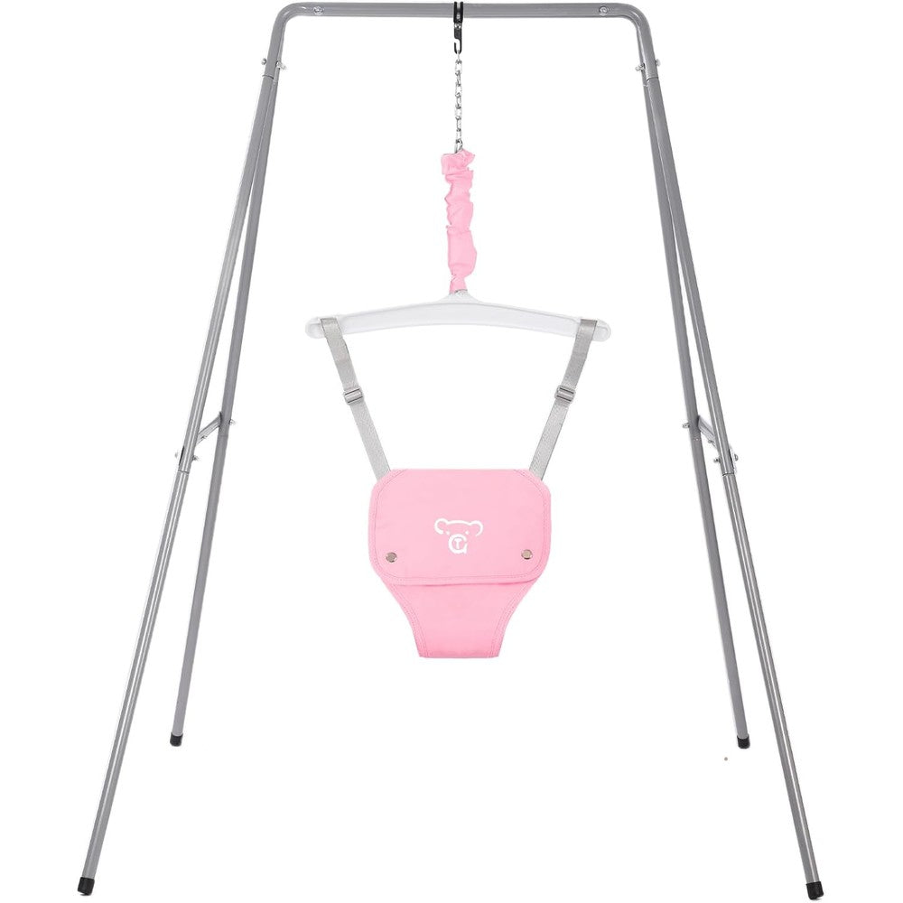 G Taleco Gear baby jumper front view featuring pink harness and stand