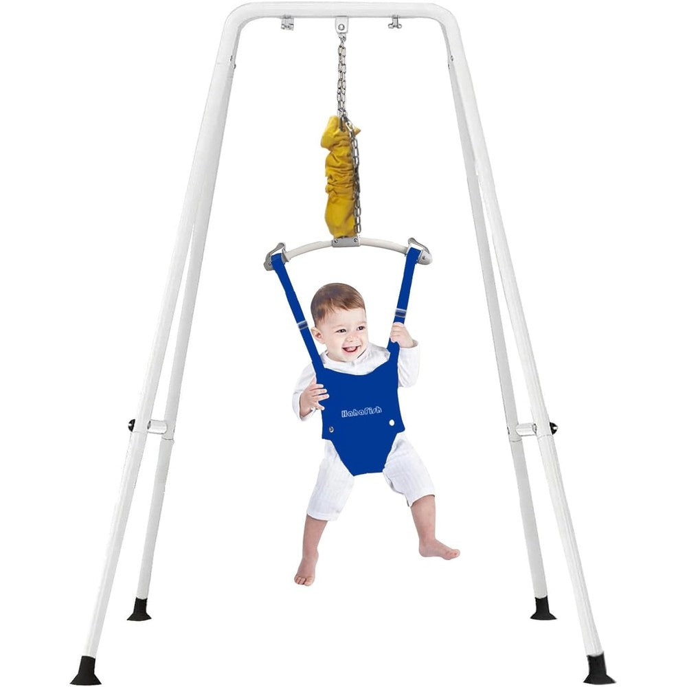 Hi Suyi Lakid baby jumper set front view with blue bouncer harness and stand