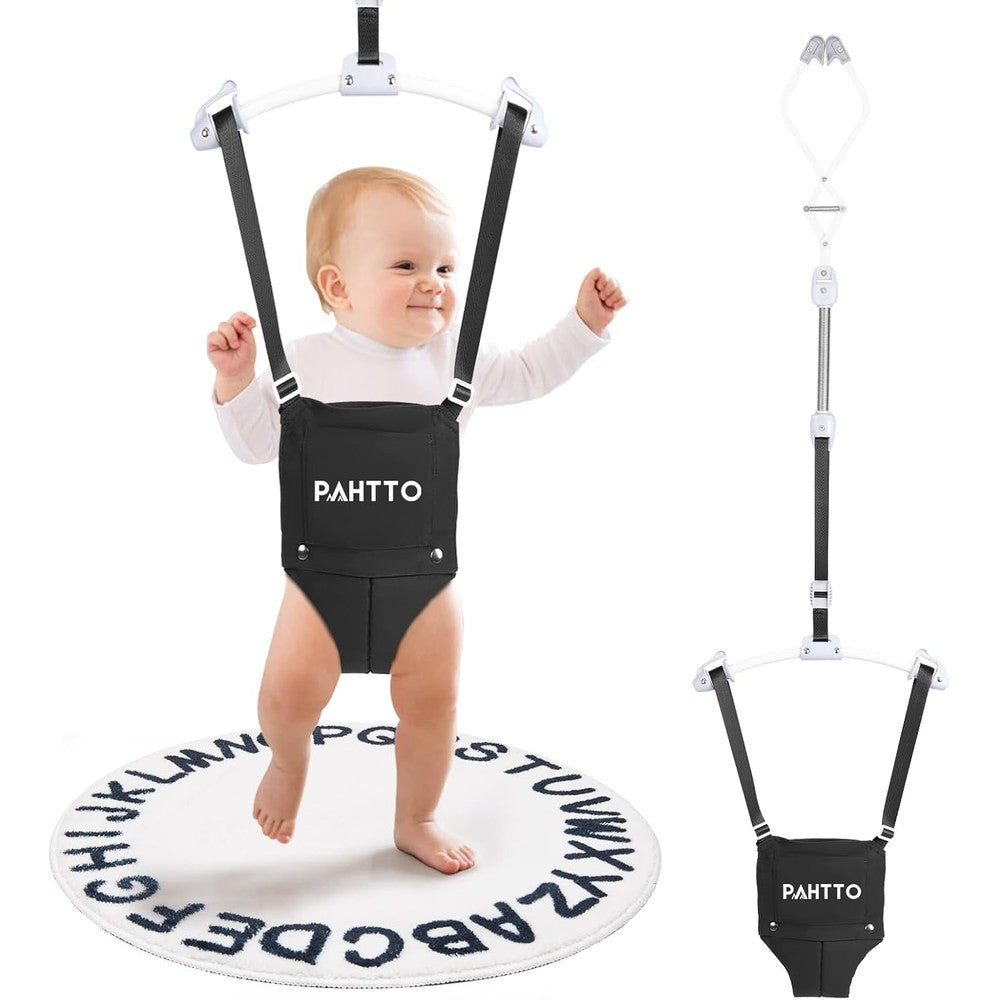 Pahtto baby door jumper with black harness and soft rug front view