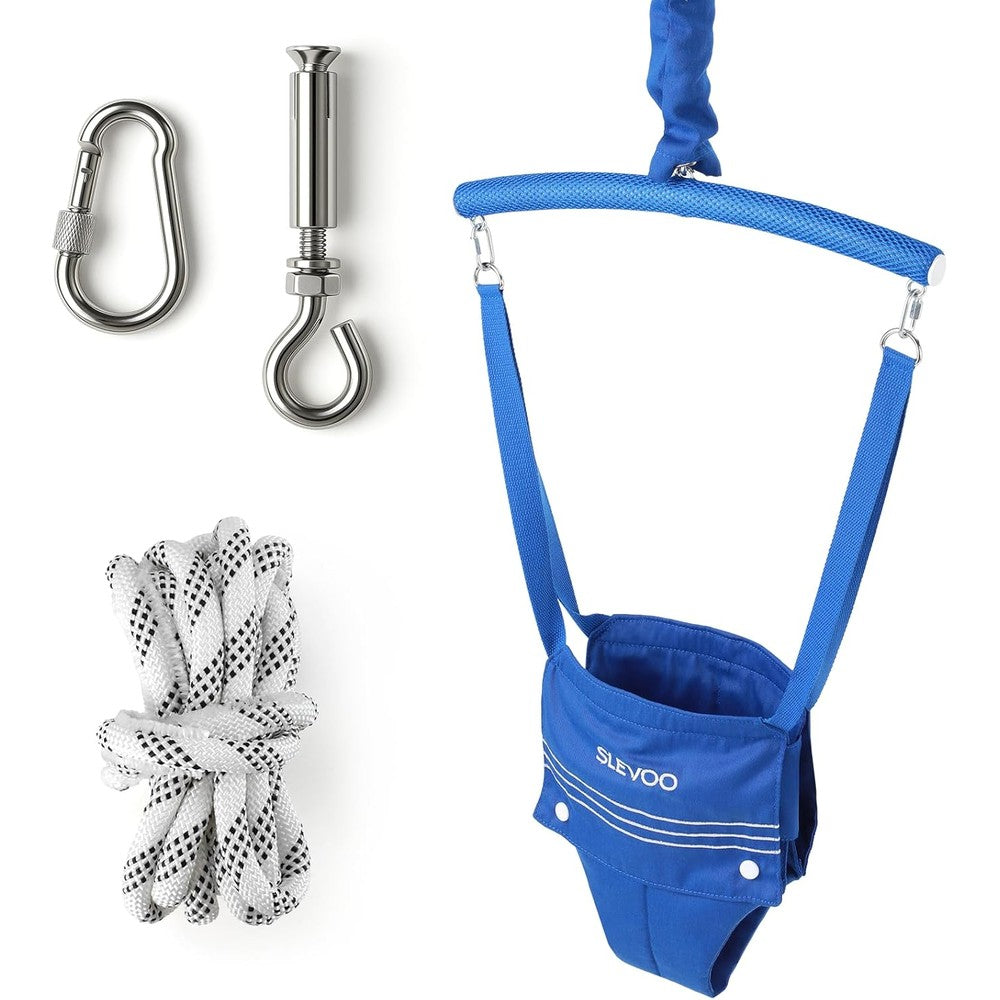 Slevoo baby jumper front view showing the blue seat and overhead hanging strap.