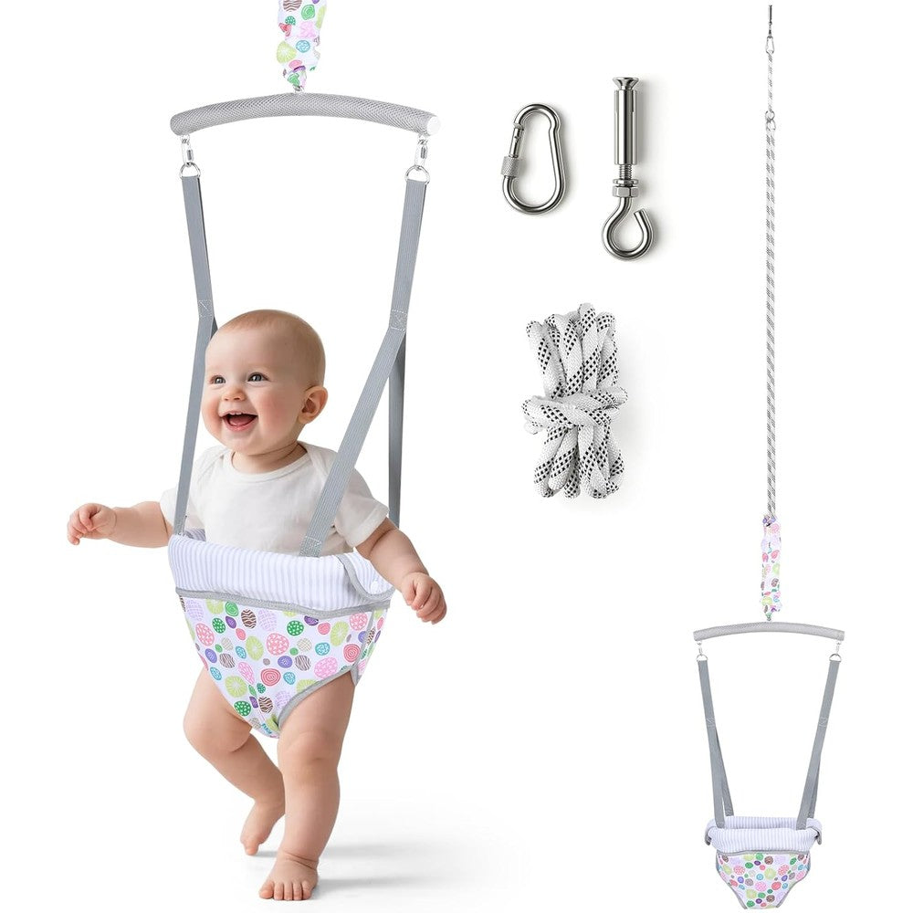 Slevoo baby jumper front view showing seat harness and ceiling mount hardware.