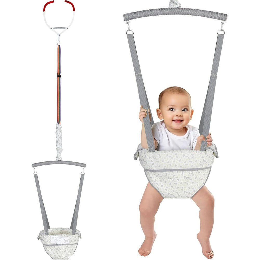 Slevoo baby doorway jumper front view showing white and gray triangle pattern seat.