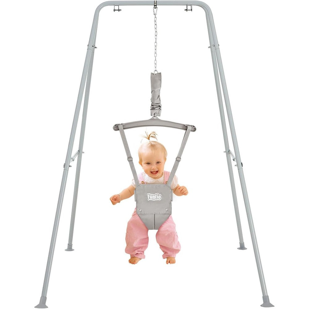 Funlio baby jumper with grey stand front view for infants