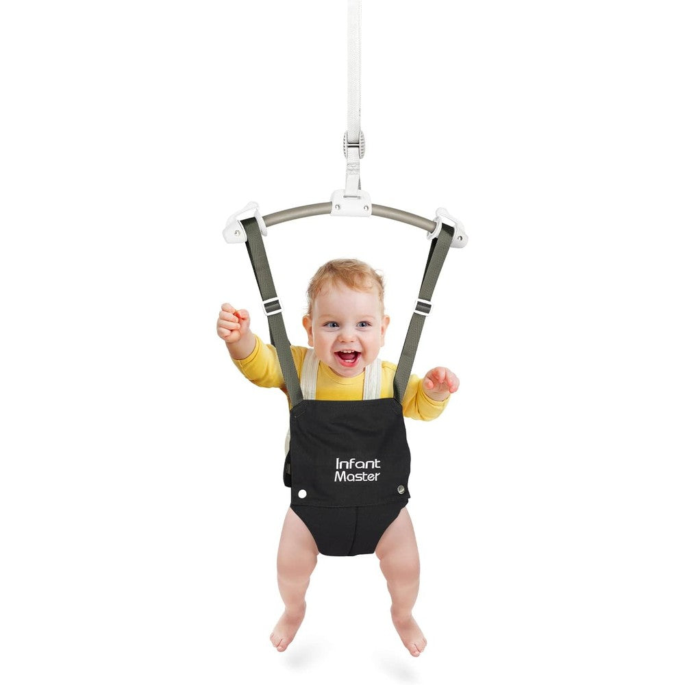 Infant Master baby doorway jumper front view showing black seat bag and straps