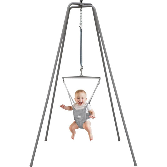 Jolly Jumper Elite Grey Baby Exerciser front view with stand