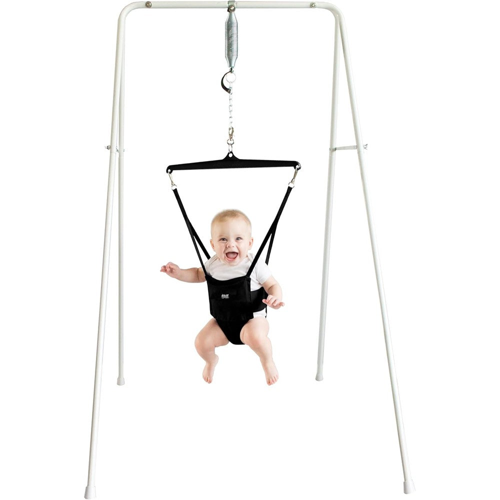 Jolly Jumper Classic Black baby exerciser with metal stand front view