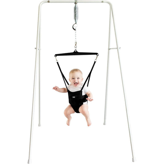 Jolly Jumper Classic Black baby exerciser with metal stand front view
