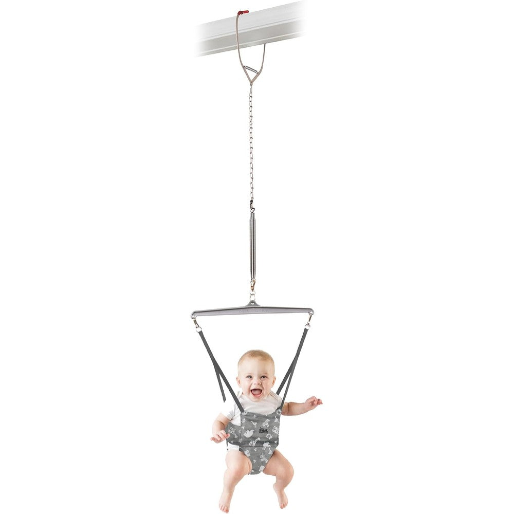 Jolly Jumper Iconic Grey Safari Doorway Baby Jumper front view showing saddle seat and clamp.
