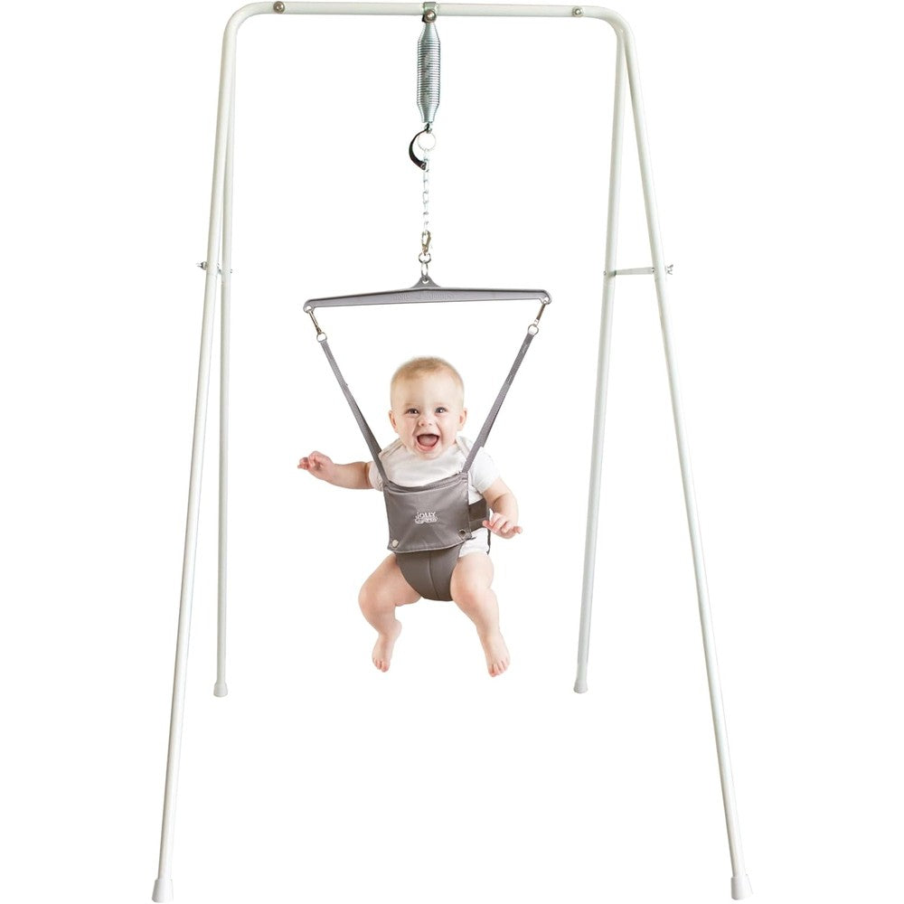 Jolly Jumper classic grey baby exerciser with stand front view