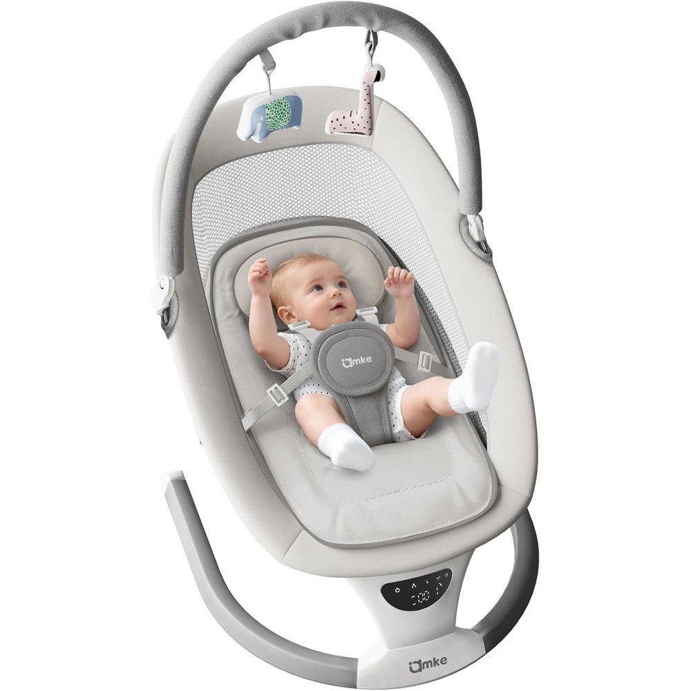 AMKE baby swing front view showing grey color and mesh seat