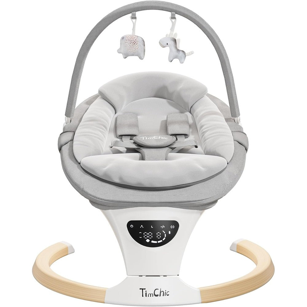 TimChic portable electric infant swing front view with gray padded seat and wooden-pattern base