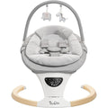 TimChic portable electric infant swing front view with gray padded seat and wooden-pattern base