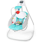 Baby Einstein Ocean Explorers Musical Compact Baby Swing front view showing grey seat and toy bar