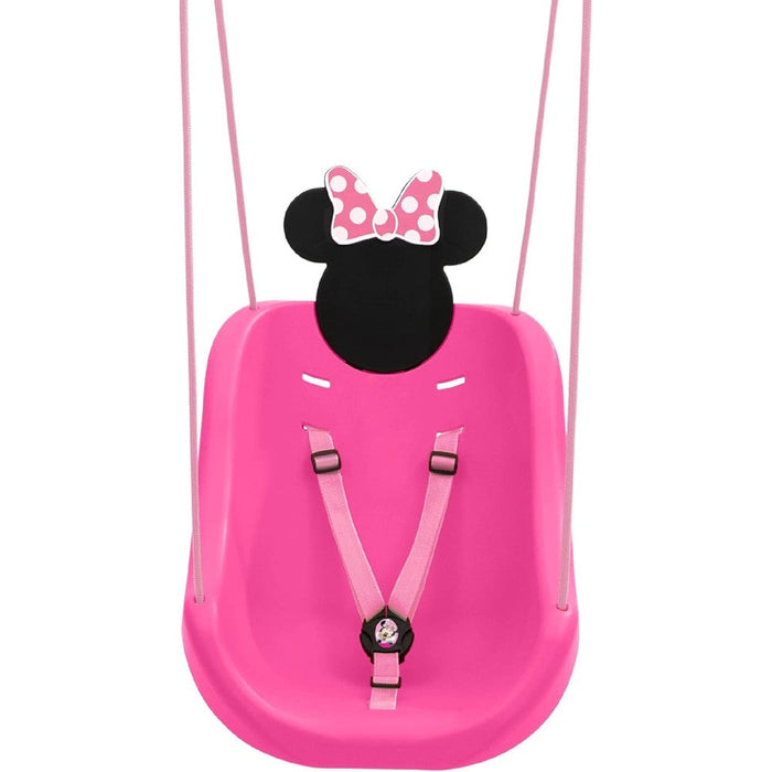 Delta Children Minnie Mouse 2-In-1 Outdoor Swing front view featuring pink bucket seat and character silhouette