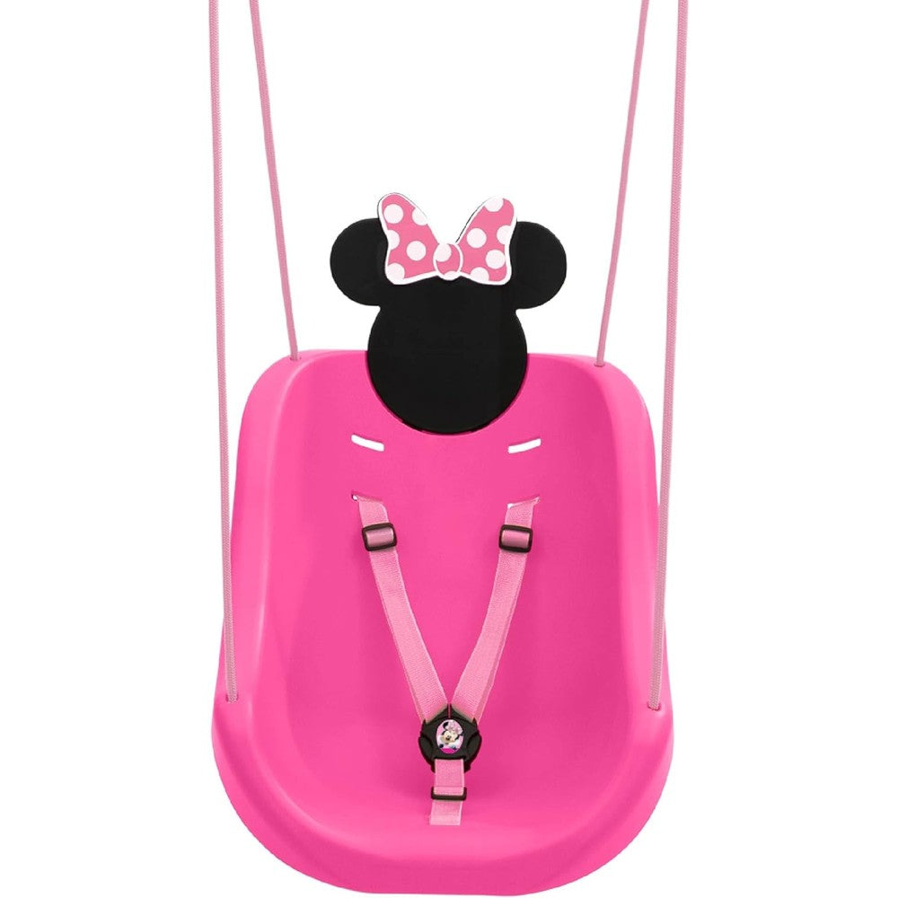 Delta Children Minnie Mouse 2-In-1 Outdoor Swing front view featuring pink bucket seat and character silhouette