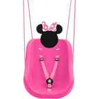 Delta Children Minnie Mouse 2-In-1 Outdoor Swing front view featuring pink bucket seat and character silhouette