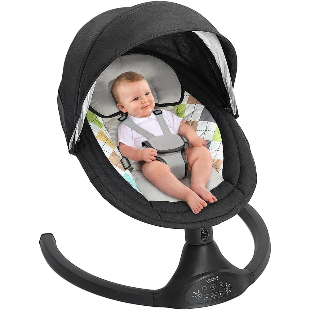 Bioby electric baby swing front view showing black frame and seating area
