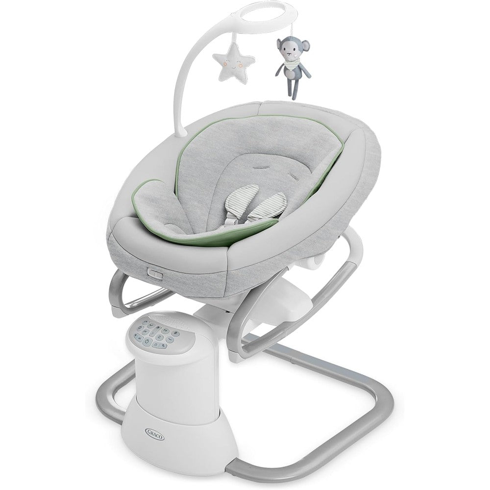 Graco baby swing front view showing the Madden seat pad and toy bar