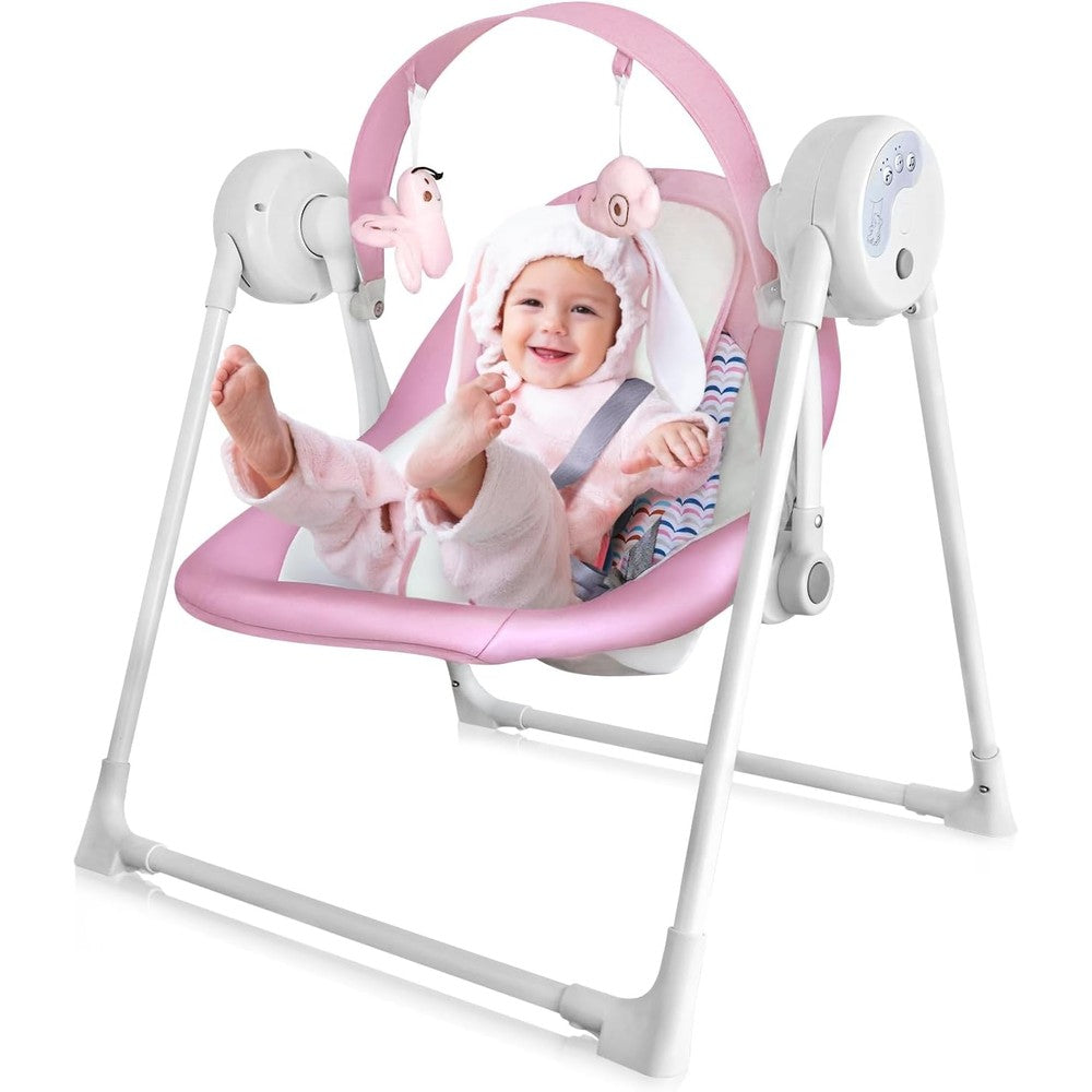 Riviplou SpaceSaver ultra-compact portable infant swing in pink front view