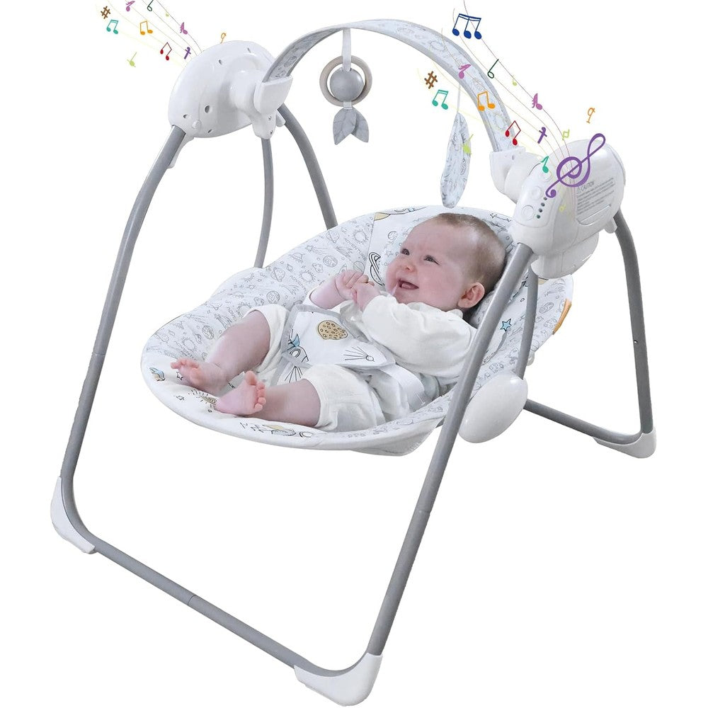 Furmubei portable infant swing front view showcasing cushioned seat and toy bar
