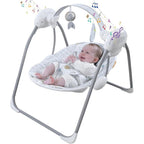 Furmubei portable infant swing front view showcasing cushioned seat and toy bar