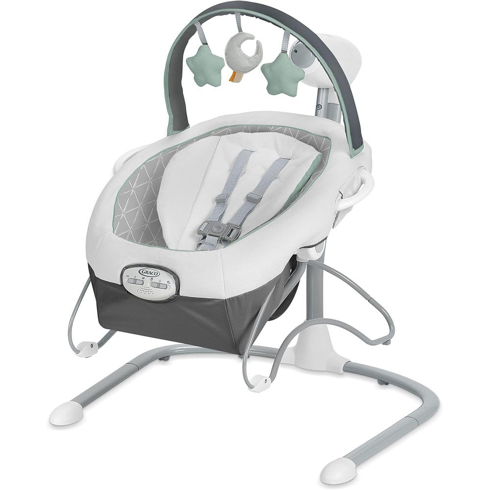 Graco Soothe 'N Sway LX portable baby swing front view in Derby Grey colorway.