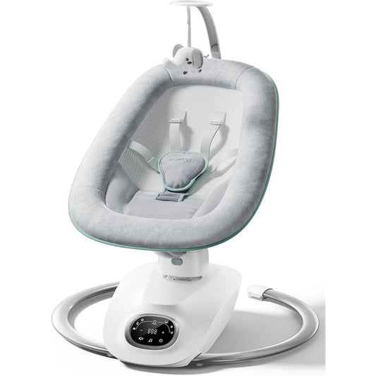 Momcozy CocoSway Electric Baby Swing front view gray seat