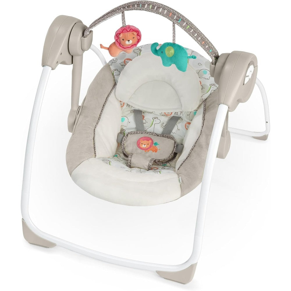 Ingenuity Soothe N Delight baby swing front view with Cozy Kingdom plush pad