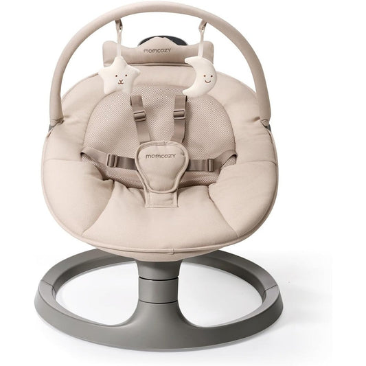 Momcozy 2-in-1 electric baby swing front view in khaki