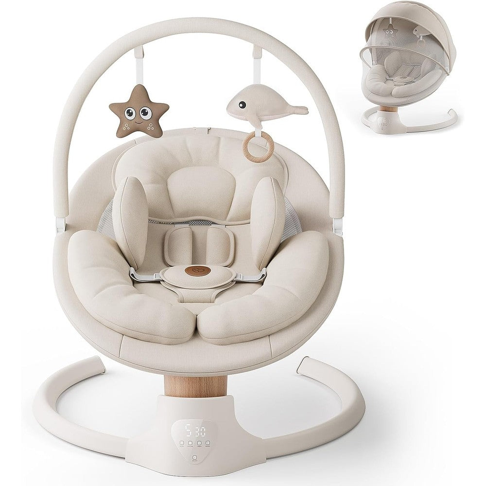 Fasonbaby electric baby swing front view with beige cushion and toys