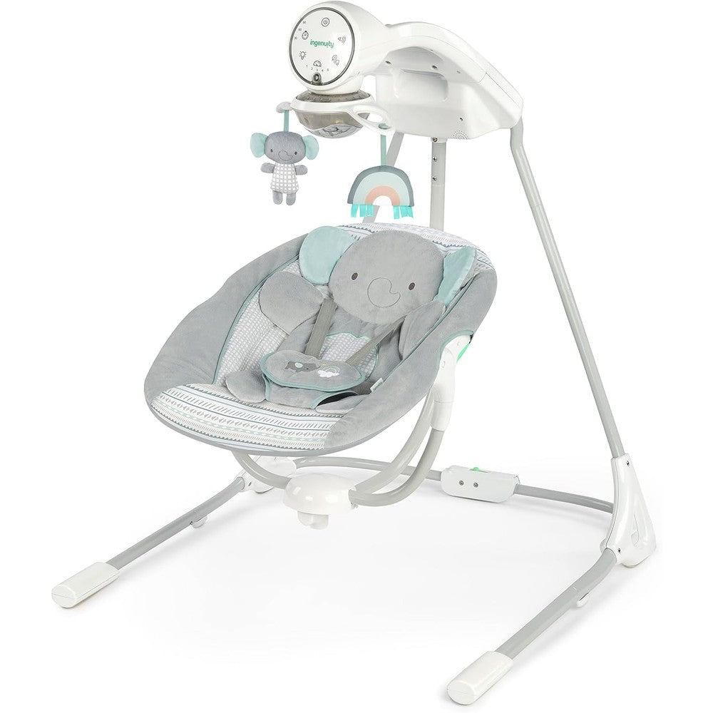 Ingenuity InLighten 5-Speed Baby Swing front view in Van Elephant theme.