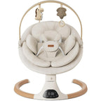 Monamii baby swing front view in beige color with 5 point harness