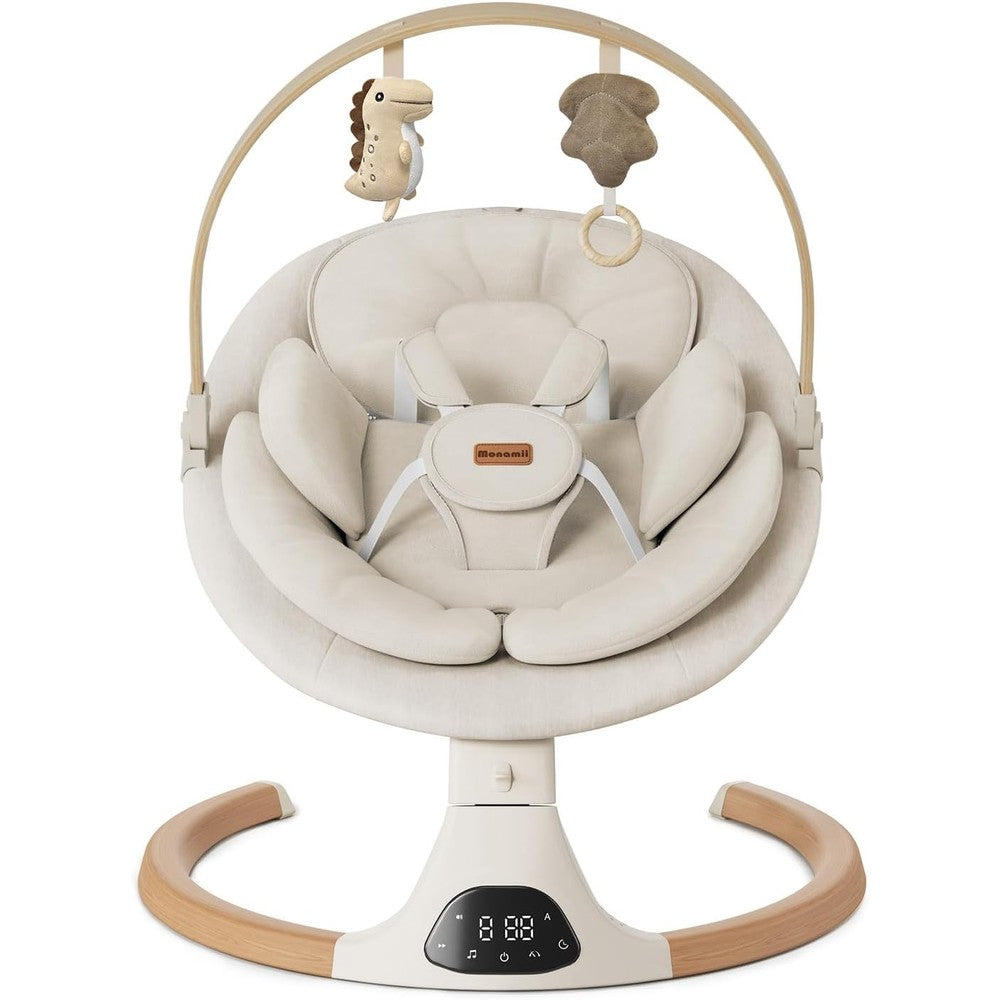 Monamii baby swing front view in beige color with 5 point harness