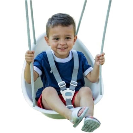 Swurfer Coconut toddler swing front view of the white ergonomic shell seat.