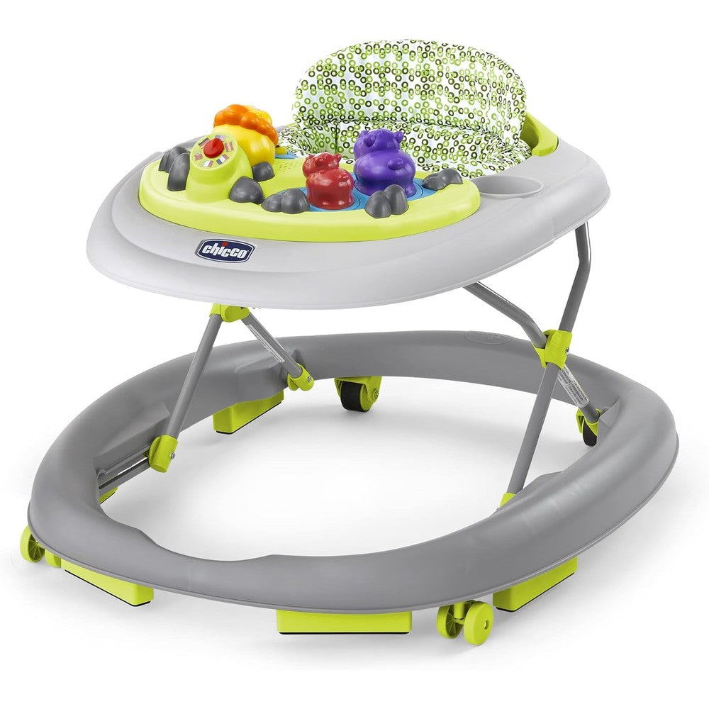 Chicco Walky Talky Foldable Baby Walker front view in Circles Grey and Green pattern.