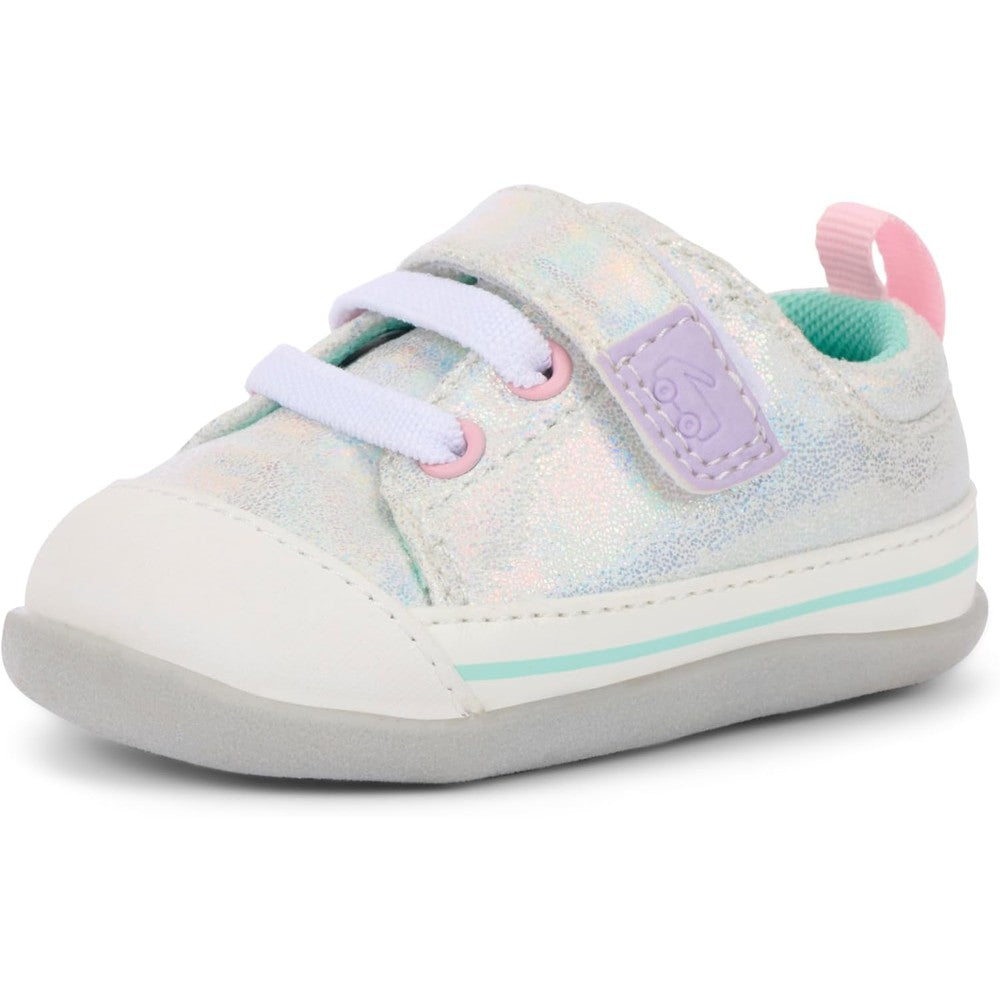 See Kai Run Stevie Mini first walker shoe front view in silver metallic