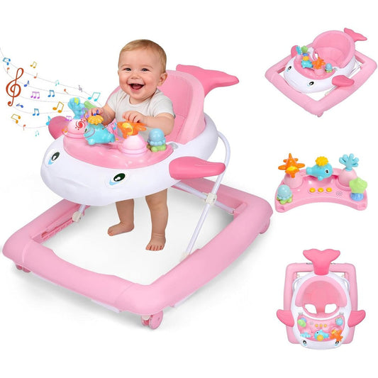 Watermoon pink foldable baby walker front view with activity tray