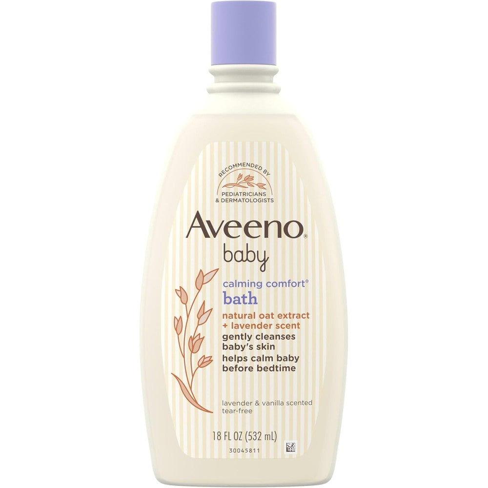 Aveeno Baby Nighttime Calming Comfort Bath 18 Fluid Ounce front view bottle showcasing lavender and vanilla scent details.