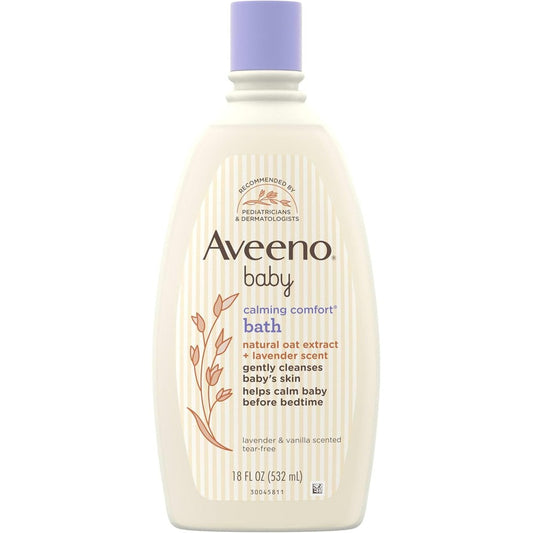 Aveeno Baby Nighttime Calming Comfort Bath 18 Fluid Ounce front view bottle showcasing lavender and vanilla scent details.