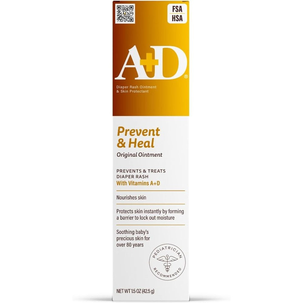 A+D Original Diaper Rash Ointment 1.5 Ounce Tube front view showing skin protectant benefits.